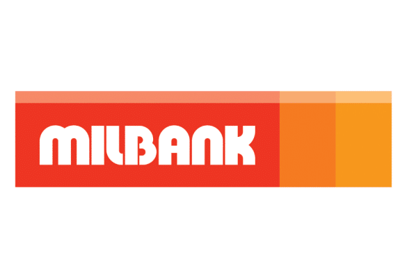 AAW sponsor Milbank concrete logo in white and orange